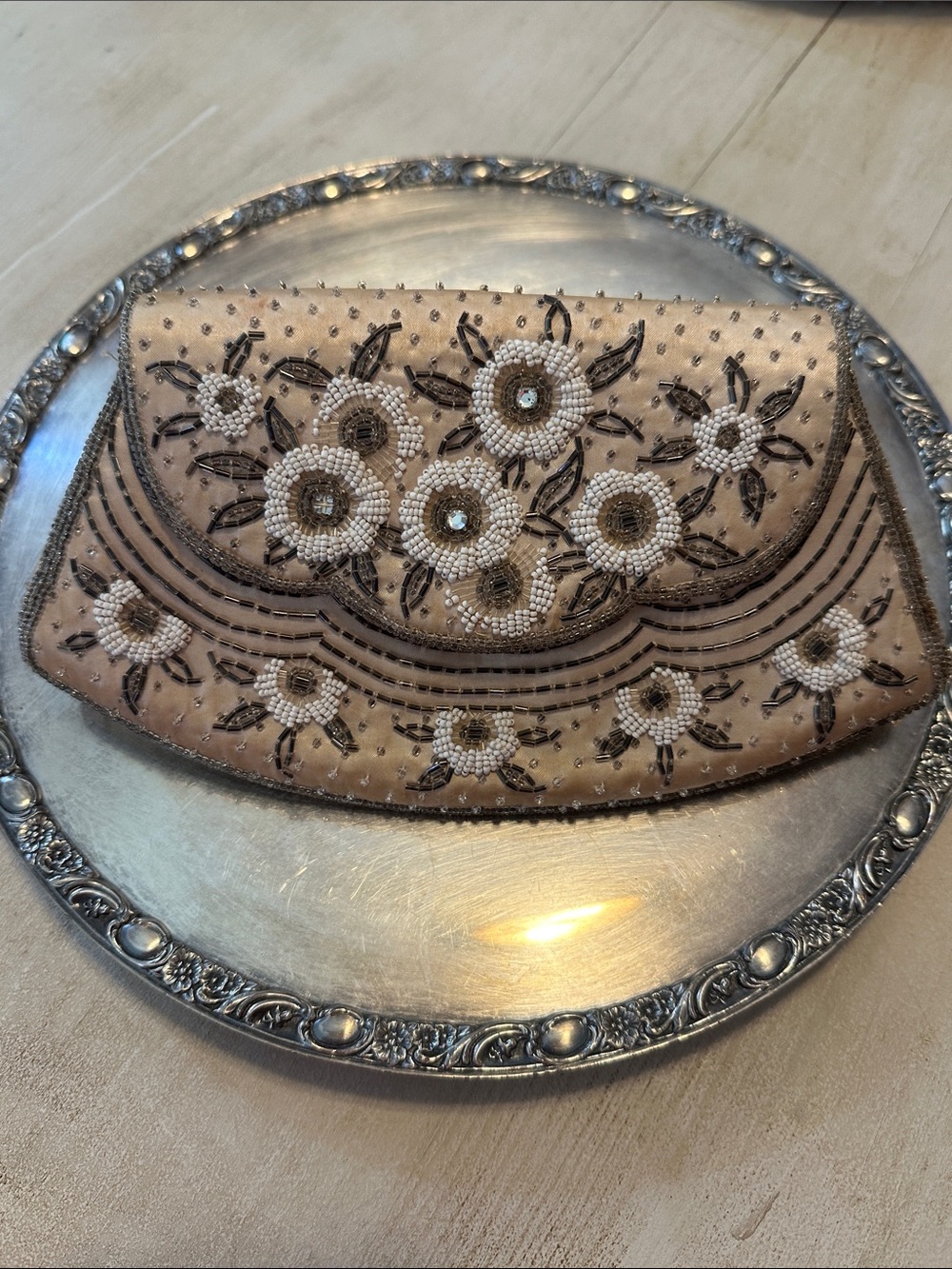 Vintage Japanese Hand Beaded Evening Clutch Purse Floral Rhinestone Made Japan